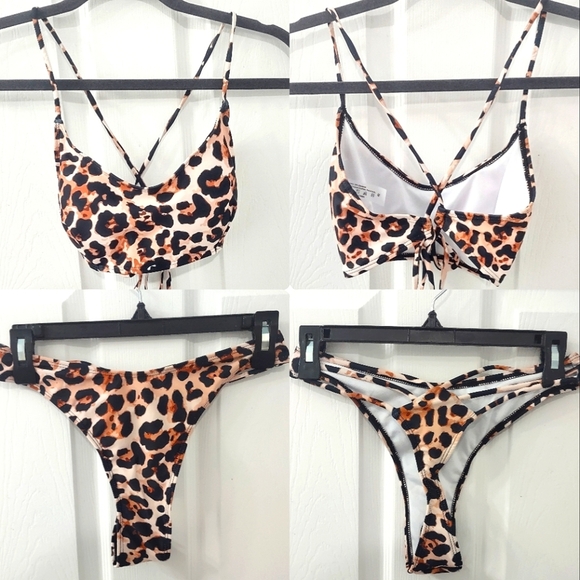 NWT 2 Piece Bikini Set Leopard Print Scoop Neck Criss Cross Thong Bathing Suit M - Picture 2 of 16